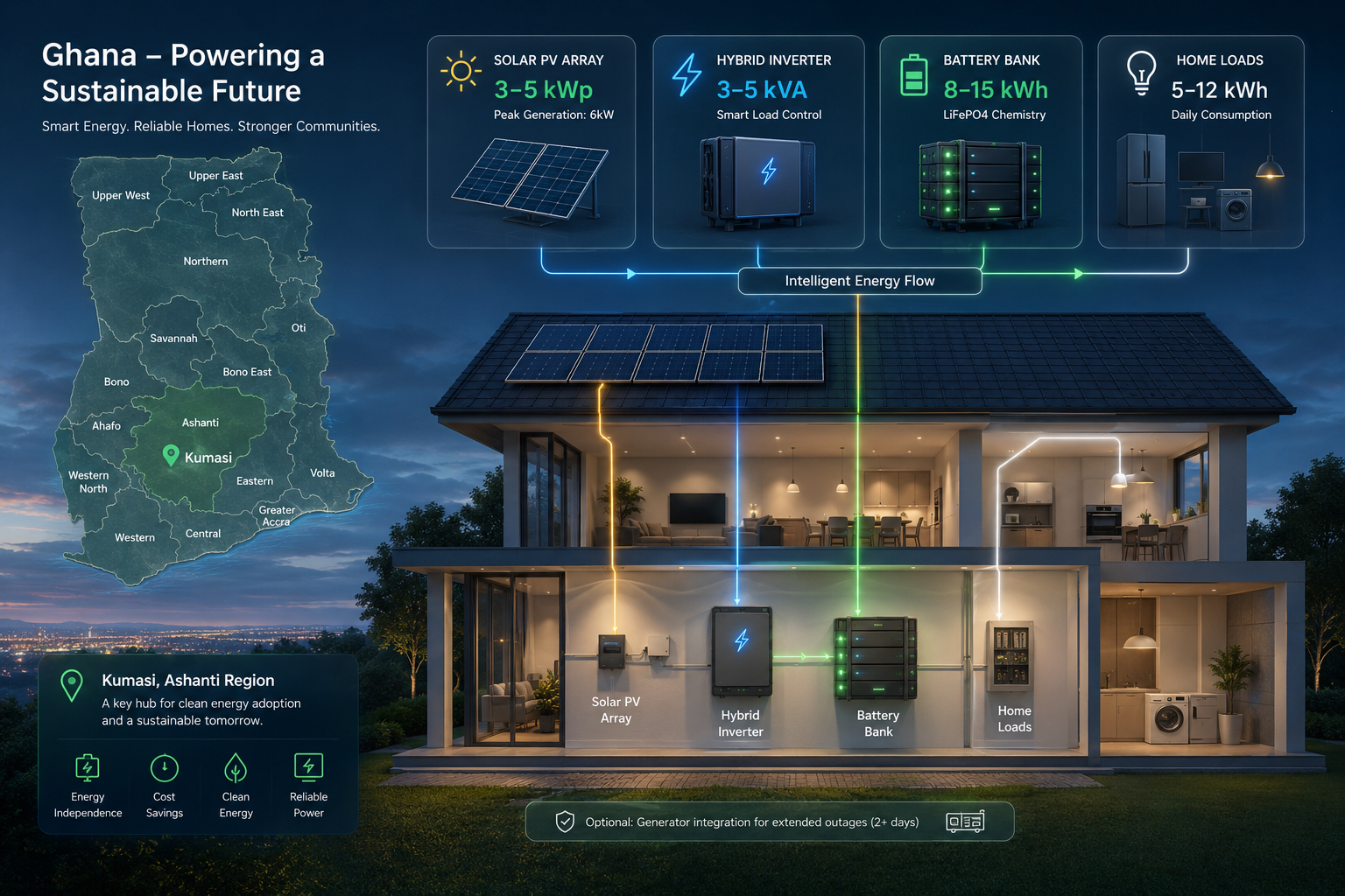 Infographic titled Ghana Powering a Sustainable Future, showing a map of Ghana highlighting Kumasi in the Ashanti Region, the energy system components (3-5 kWp Solar PV Array, 3-5 kVA Hybrid Inverter, 8-15 kWh Battery Bank, 5-12 kWh Home Loads) feeding an intelligent energy flow, and a cutaway render of a modern solar-powered home at dusk.